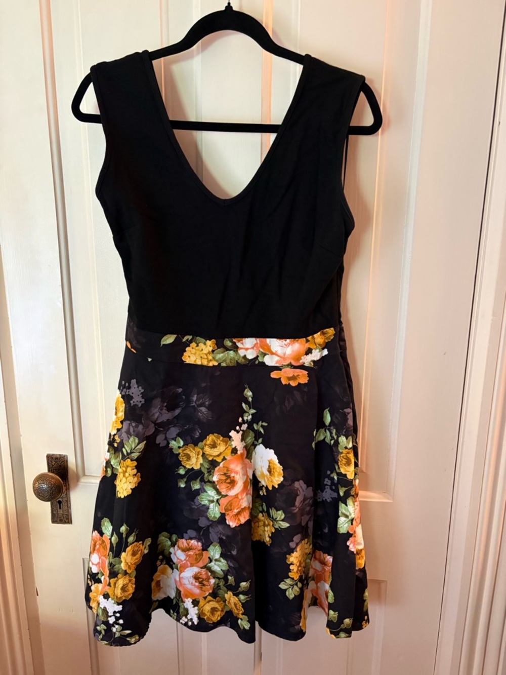 Miusol Black Fit & Flare Dress with Yellow and Peach Floral Skirt